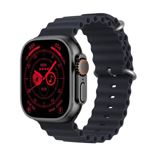 Black smartwatch with red-striped band